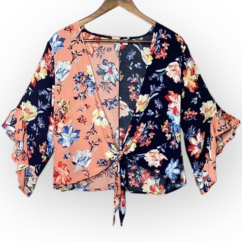 Cato Floral Ruffle Sleeve Tie Front Boho Blouse Women’s Size Medium Pink & Navy